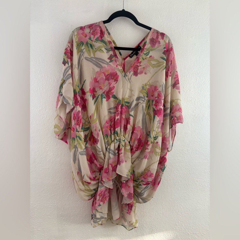 Elizabeth And James White Pink Green Floral Silk Dolman Top Shirt Blouse Size M
